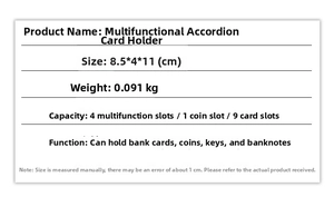 Detailed spec view of accordion card holder showing size 11x8.5x4cm and multi-slot capacity