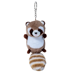 Cute brown raccoon plush keychain with striped tail and silver ring on white background