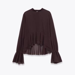 Deep burgundy long sleeve chiffon blouse with tiered ruffle hem and bell cuffs
