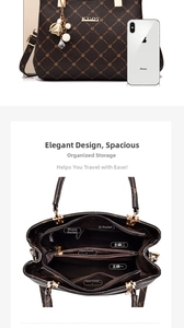 Detailed interior of large brown tote bag with multiple compartments and phone pockets