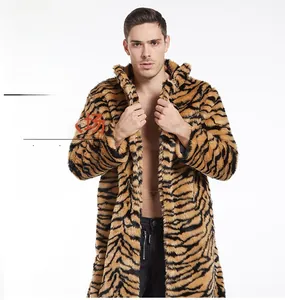 Detail of tiger print faux fur texture and hood on long winter coat for men
