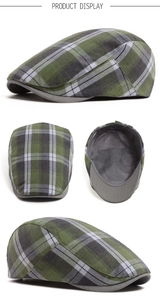 Detailed multi-angle view of a plaid newsboy cap with classic tartan fabric pattern