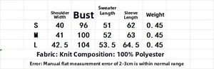 Size chart table for women's knit sweater showing S, M, and L dimensions and material