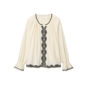 Chemisier Brodé À Manches Longues Pour Femmes Col Rond Style Ethnique Effet Lin Chemise À Poignets Volants Beige