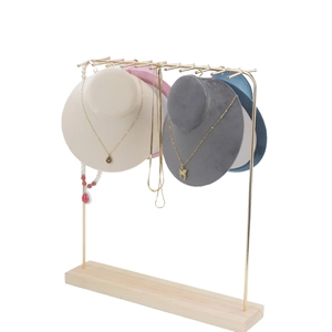 Velvet necklace display stand with gold metal frame and wooden base for jewelry display