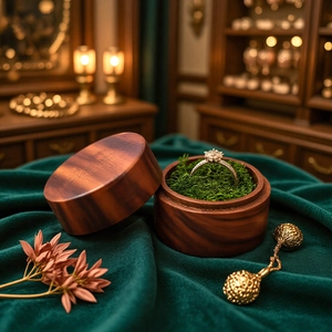 Walnut wood ring box with green velvet and moss for wedding proposal ceremonies