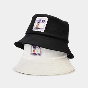Japanese style black and white cotton bucket hats with French embroidery stamp patch