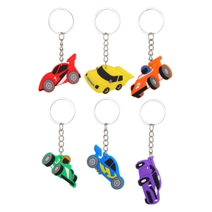 Set of 6 colorful PVC cartoon race car keychains with silver metal rings and chains