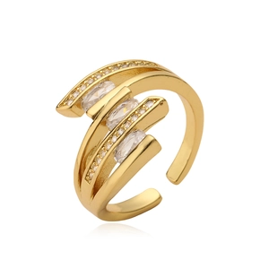 Elegant 18K gold plated geometric open ring with baguette cut cubic zirconia stones