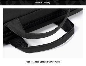 Detail of laptop bag handle with reinforced stitching and soft padded fabric grip