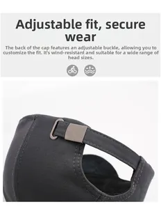 Detail of adjustable metal buckle and elastic strap on dark grey baseball cap