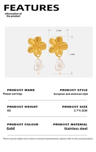 Detailed size view of gold flower earrings with pearls, 2.7x4.3cm in stainless steel