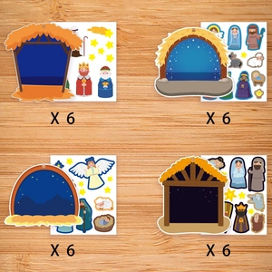 DIY Nativity Scene sticker set with 24 background cards and religious character decals