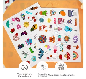 Waterproof cartoon stickers with cactus and rainbow patterns showing water droplet detail