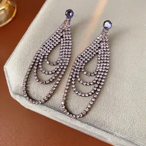 Luxurious silver needle geometric waterdrop tassel earrings with purple rhinestones