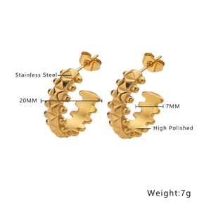 Detailed view of 20mm gold-plated stainless steel C-shaped earrings with a polished finish