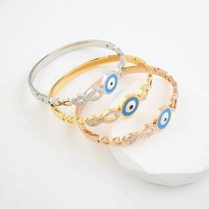 Stainless Steel Bangle Bracelet For Women With Blue Evil Eye And Rhinestone Infinity Symbol Elegant Fashion Jewelry