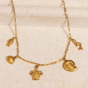 18K gold plated stainless steel necklace with ocean shell and starfish charms