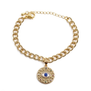 Gold-plated Evil Eye bracelet with zircon stones and adjustable chain on white background