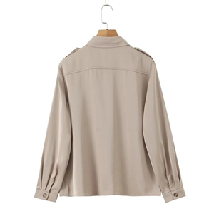 Elegant champagne satin long sleeve shirt with lapel collar shown from the back view
