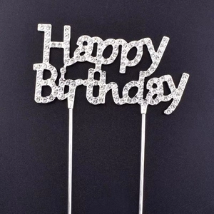 Sparkling silver rhinestone Happy Birthday cake topper with elegant metallic lettering