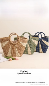 Size chart showing dimensions of the woven straw tote bag with gold thread details