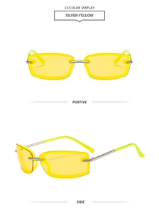 Positive and side views of square candy-colored Y2K sunglasses with yellow lenses