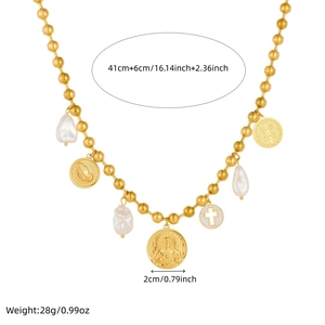 Gold plated stainless steel necklace with irregular pearls and religious coin pendant