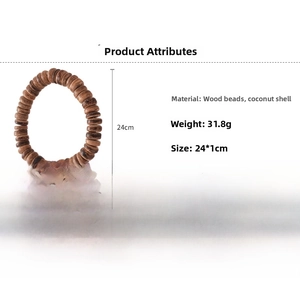 Detail view of ethnic wood bead and coconut shell bracelet set with 31.8g weight specs