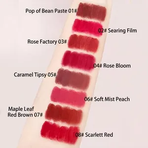 Matte velvet liquid lipstick arm swatches featuring eight vibrant shades from 01 to 08