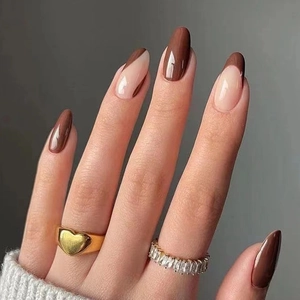 Almond Press On Nails French Style Brown Coffee Nude Pink Glossy Removable Artificial False Nail Tips For Women