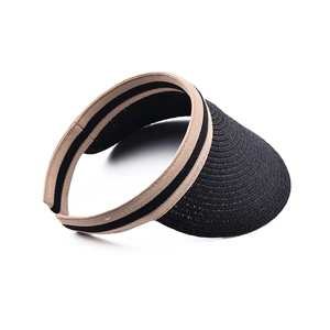 Fashionable black straw open top sun hat with wide striped brim for beach UV protection