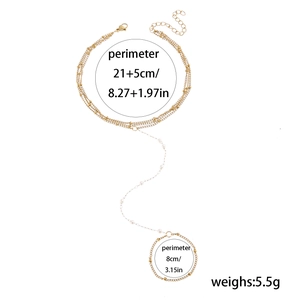 Detailed dimensions of gold multi-layer hand chain with faux pearls and rings