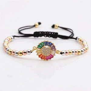 Adjustable woven bracelet with colorful zircon sunflower and tri-color metal beads