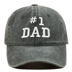 Faded dark grey baseball cap with white embroidered #1 DAD lettering for men