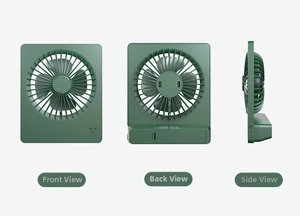 Three-view layout of portable desk fan showing front, back, and slim side profile views