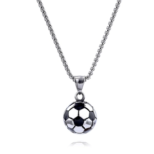 Stainless steel soccer ball pendant necklace with silver and black finish on white background