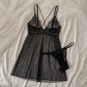 Women Sexy Lingerie Lace Mesh Transparent Nightdress Thong Spaghetti Strap V Neck Backless Exotic Sleepwear For Ladies
