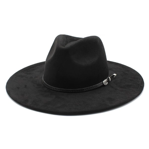 Classic black wide-brimmed felt hat with vintage silver buckle and suede texture