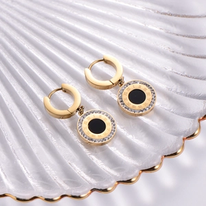Huggie Dangle Earrings 18K Gold Plated Stainless Steel Round Roman Numeral Pendant Cubic Zirconia Elegant For Women