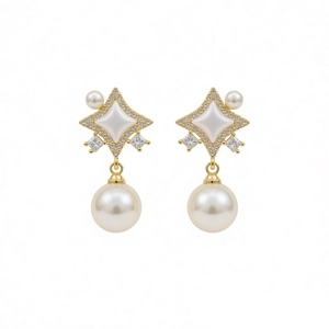 Elegant gold drop star earrings with mother-of-pearl, small crystals and large round pearls