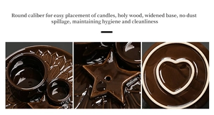 Macro detail of brown ceramic incense tray with star and heart-shaped candle holders