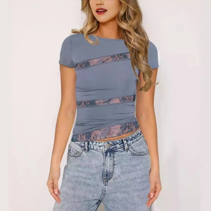 Blue grey short sleeve T-shirt for women featuring elegant lace patchwork and round neck