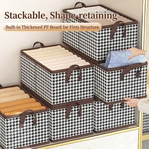 Foldable houndstooth fabric storage boxes with reinforced PP board and leather handles