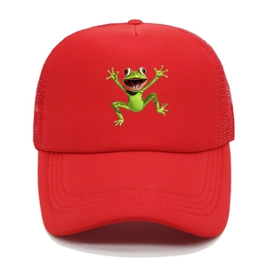 Detailed view of red trucker hat with cartoon frog print and breathable mesh back