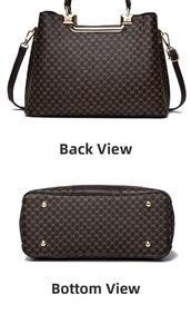 Detail of vintage brown monogram handbag with durable golden protective studs on the bottom