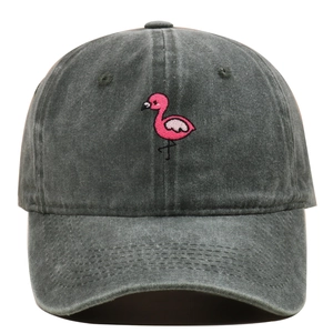 Close-up of pink flamingo embroidery on washed charcoal grey cotton baseball cap