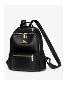 Close-up of black leather backpack featuring golden zipper hardware and animal logo