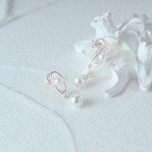Detailed close-up of s925 silver pearl drop earrings with elegant circular design