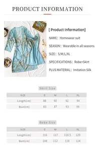 Detailed size guide table for women's two-piece floral satin robe and nightgown set